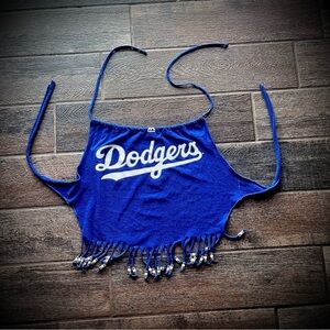 Blue and White custom Los Angeles Dodgers halter top with fringe and beads 0S
